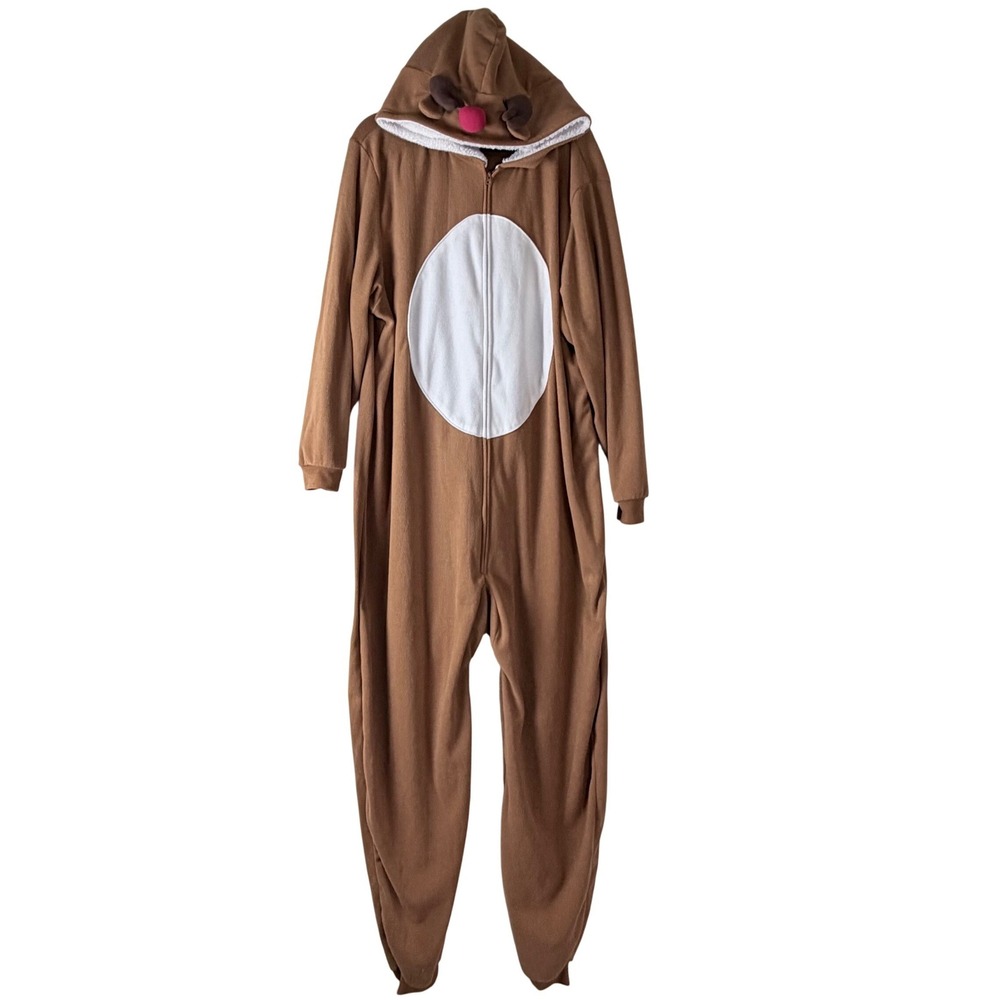 PJ PLACE Women Reindeer Pajamas Jumpsuit Costume Brown XXL Cozy Holiday Festive‎